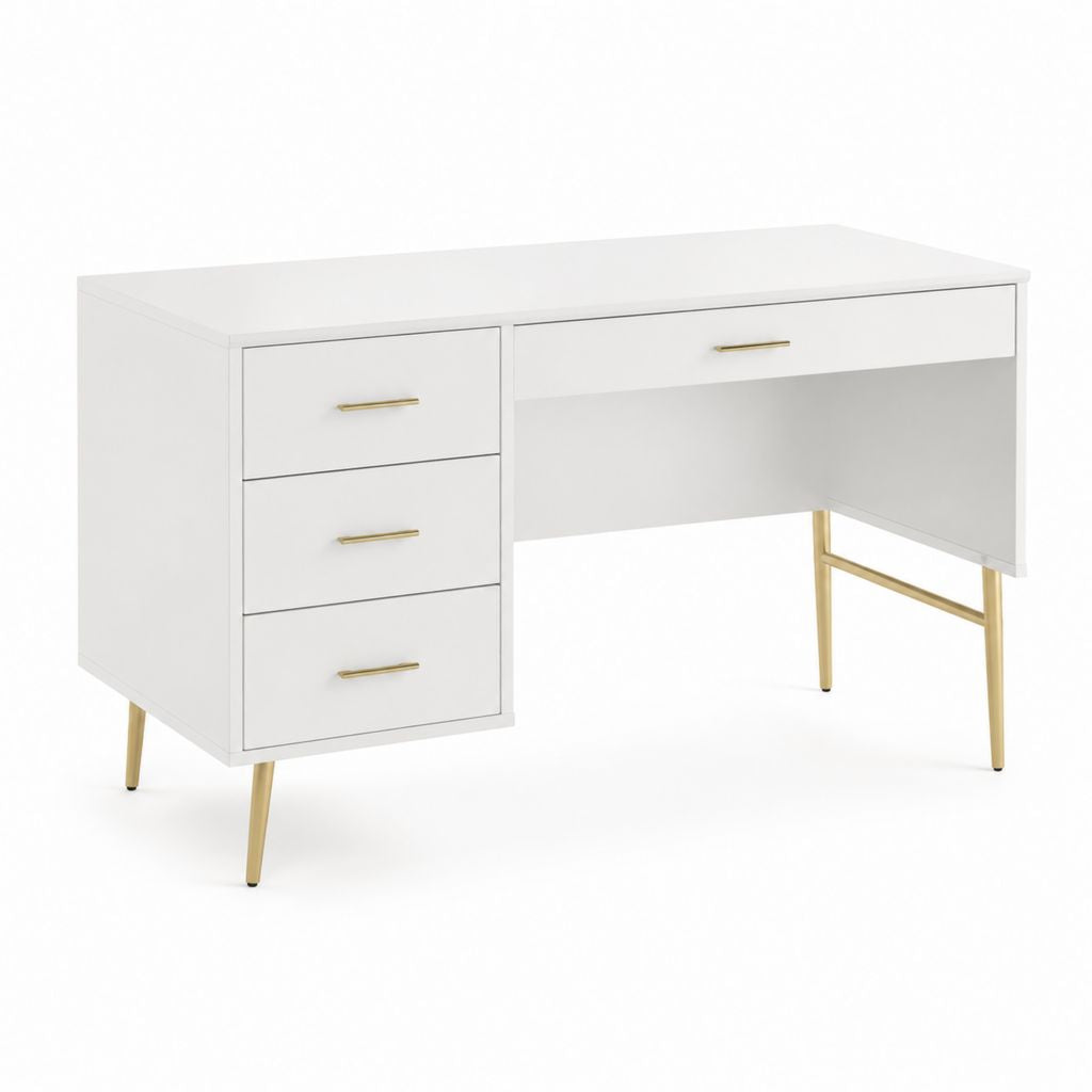 Scrivania tradizionale bianca in MDF rettangolare con 4 cassetti e gambe in acciaio 120 x 60 x 75 cm