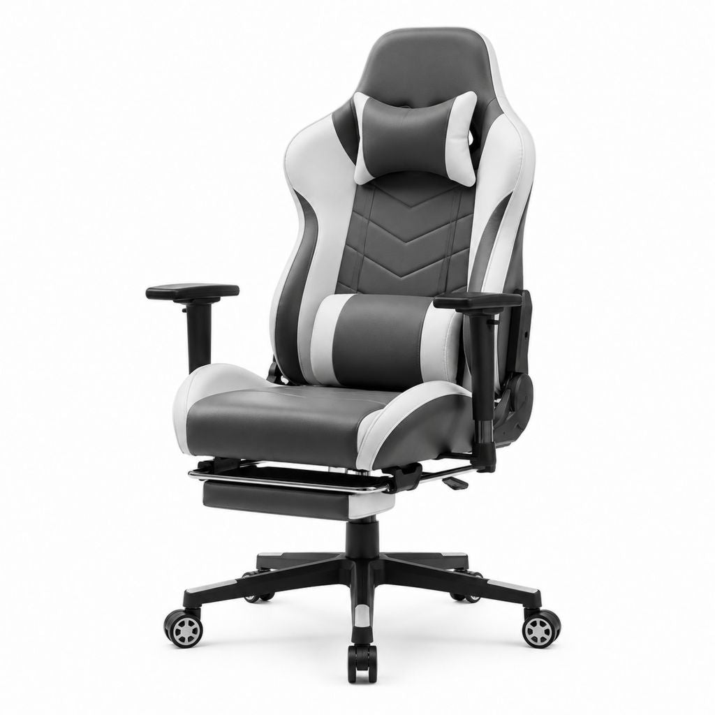 Sedia da gaming reclinabile nera e bianca in pelle PU con poggiapiedi 68 x 68 x 120-130 cm