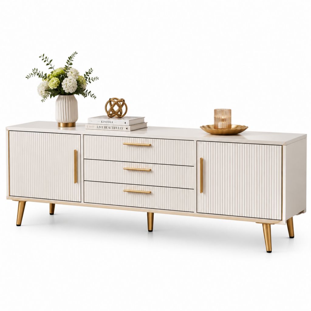 Mobile TV rettangolare bianco in MDF con 3 cassetti 2 ante e gambe dorate 180 x 40 x 75 cm
