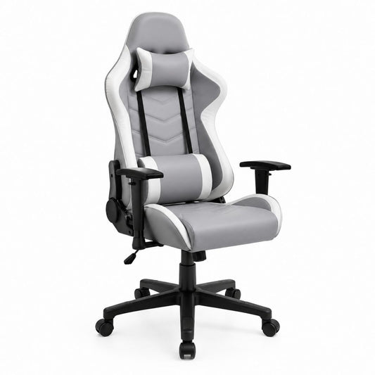 Sedia gaming ergonomica grigia e bianca in poliuretano con schienale alto 66 x 70 x 125-135 cm