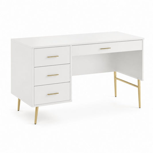 Scrivania tradizionale bianca in MDF rettangolare con 4 cassetti e gambe in acciaio 120 x 60 x 75 cm