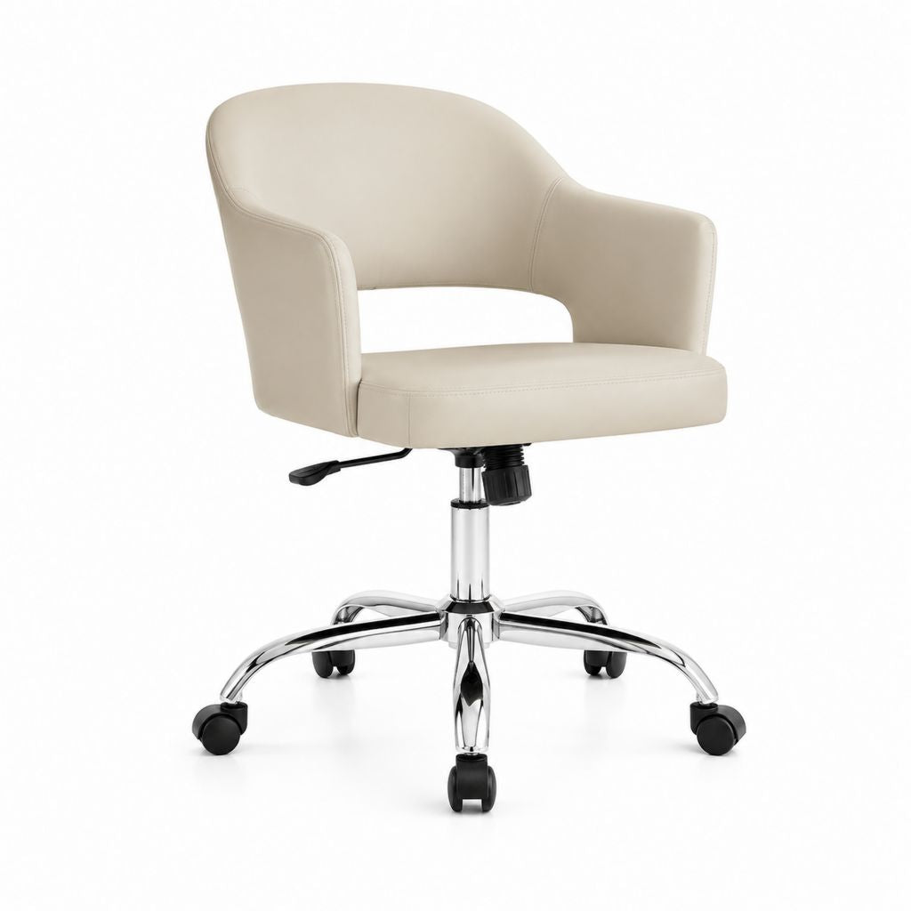 Sedia da ufficio girevole beige in similpelle PU con braccioli e base a 5 razze 60 x 60 x 85-95 cm