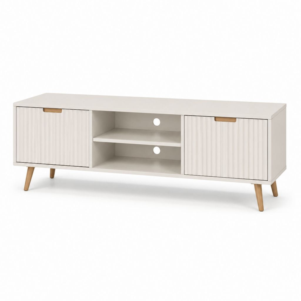 Mobile TV avorio in pannello truciolare con ante scanalate e gambe in legno massello 160 x 40 x 55 cm