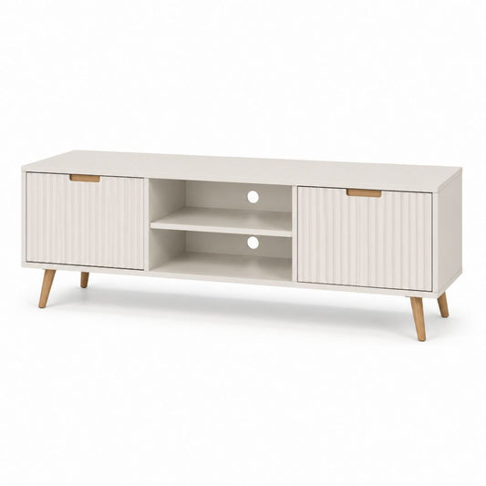 Mobile TV avorio in pannello truciolare con ante scanalate e gambe in legno massello 160 x 40 x 55 cm