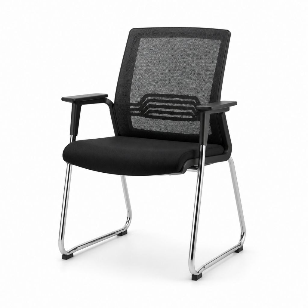 Sedia da conferenza con braccioli nera in rete di poliestere e acciaio cromato con schienale rettangolare 58 x 61 x 96 cm