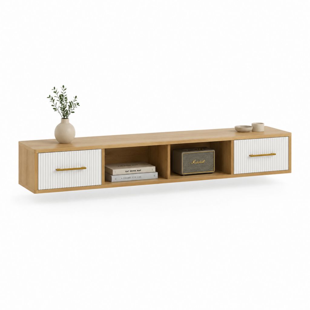 Mobile TV sospeso in MDF rovere e bianco con 2 ante scanalate 180 x 40 x 45 cm