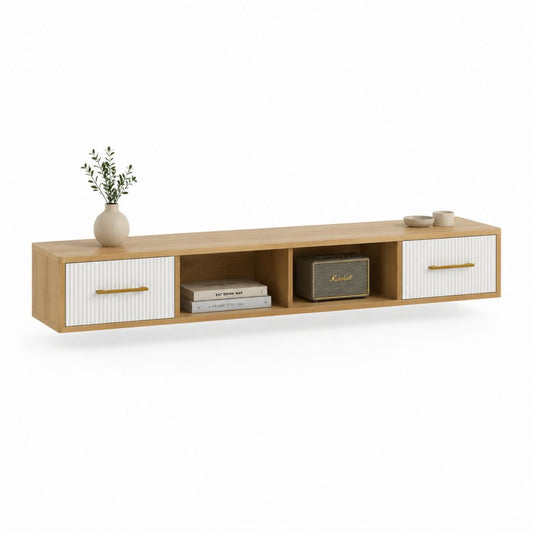 Mobile TV sospeso in MDF rovere e bianco con 2 ante scanalate 180 x 40 x 45 cm