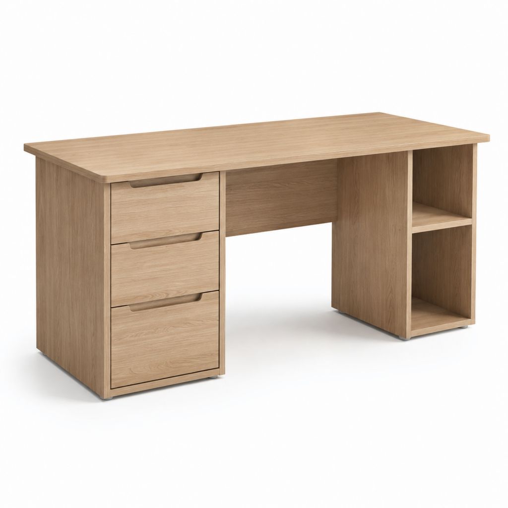 Scrivania ufficio rovere chiaro in truciolare rettangolare con 3 cassetti e 2 ripiani 120 x 60 x 75 cm