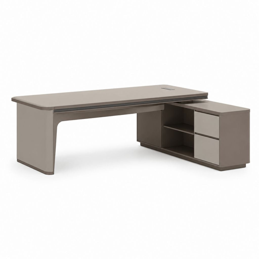 Scrivania direzionale angolare grigio tortora in MDF laccato con cassettiera 200 x 160 x 75 cm