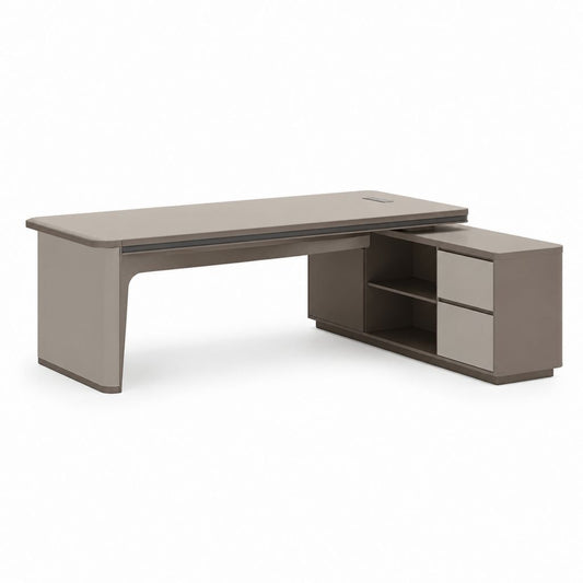 Scrivania direzionale angolare grigio tortora in MDF laccato con cassettiera 200 x 160 x 75 cm
