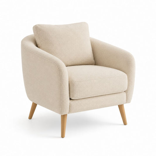 Poltrona da soggiorno beige in poliestere bouclé con braccioli e gambe in faggio 78 x 82 x 76 cm
