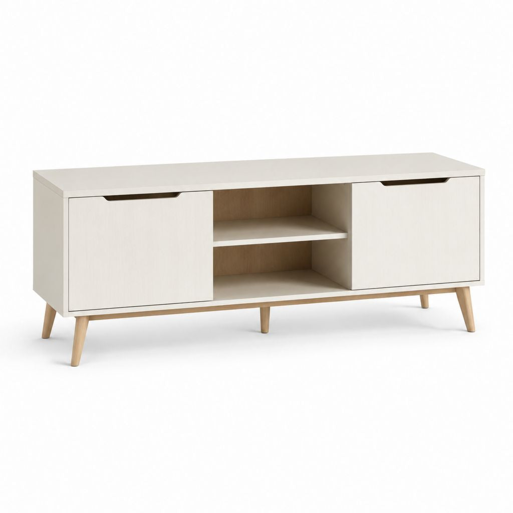 Mobile TV con 2 ante bianco in MDF laminato e gambe in legno massello 140 x 40 x 60 cm