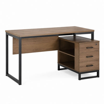 Scrivania da ufficio con cassettiera noce e nero in MDF e acciaio 140 x 60 x 75 cm