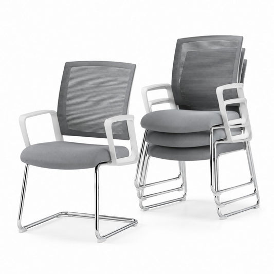 Set 4 Sedie da Conferenza Impilabili a Slitta Grigio e Bianco con Rete in Poliestere Acciaio Cromato 56 x 58 x 90 cm