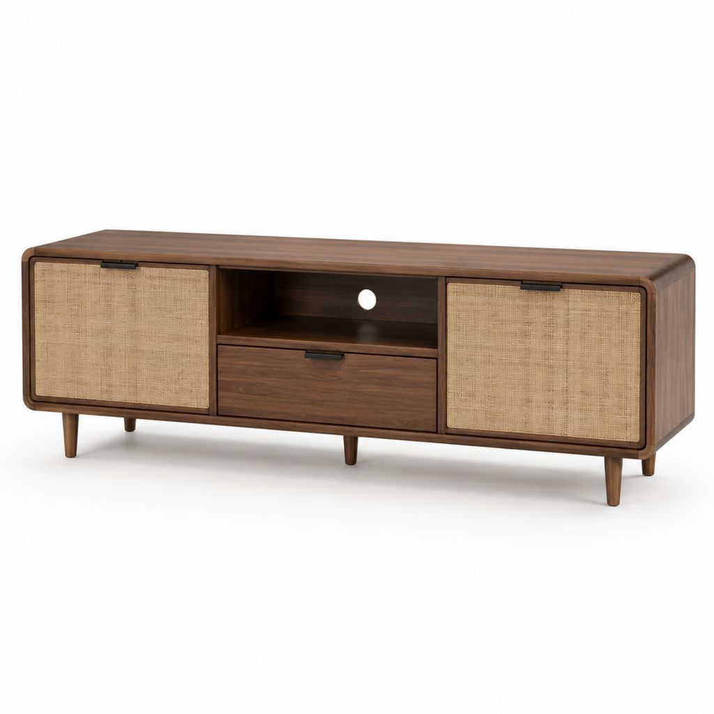 Mobile TV rettangolare in MDF impiallacciato noce con ante in rattan 180 x 40 x 60 cm
