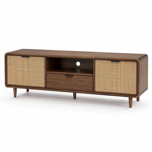 Mobile TV rettangolare in MDF impiallacciato noce con ante in rattan 180 x 40 x 60 cm
