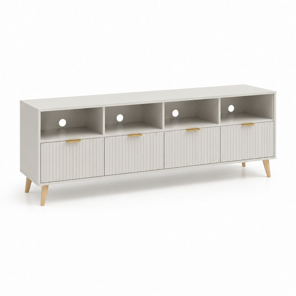 Mobile TV bianco in truciolare e MDF rettangolare con 4 ante e 4 vani 180 x 40 x 75 cm