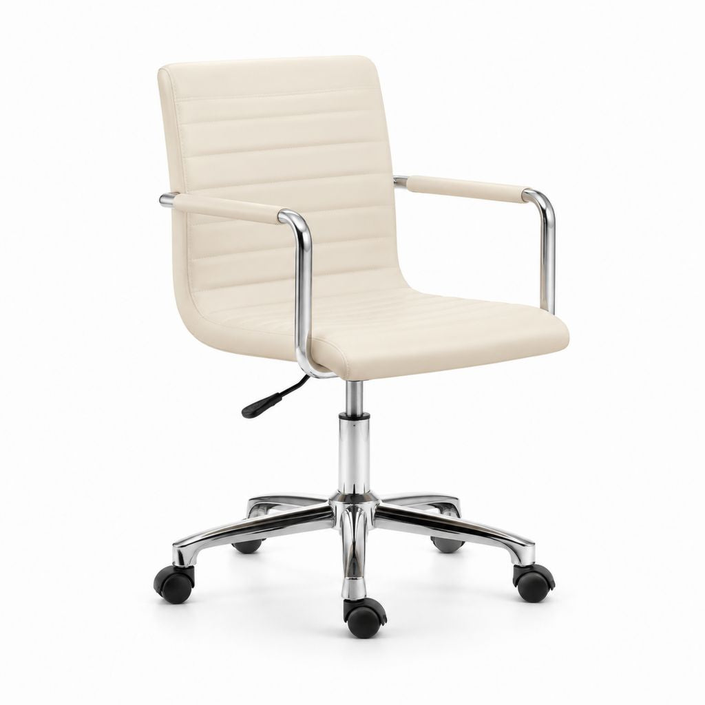 Sedia da ufficio girevole avorio in ecopelle PU con braccioli e base cromata 58 x 62 x 88-98 cm