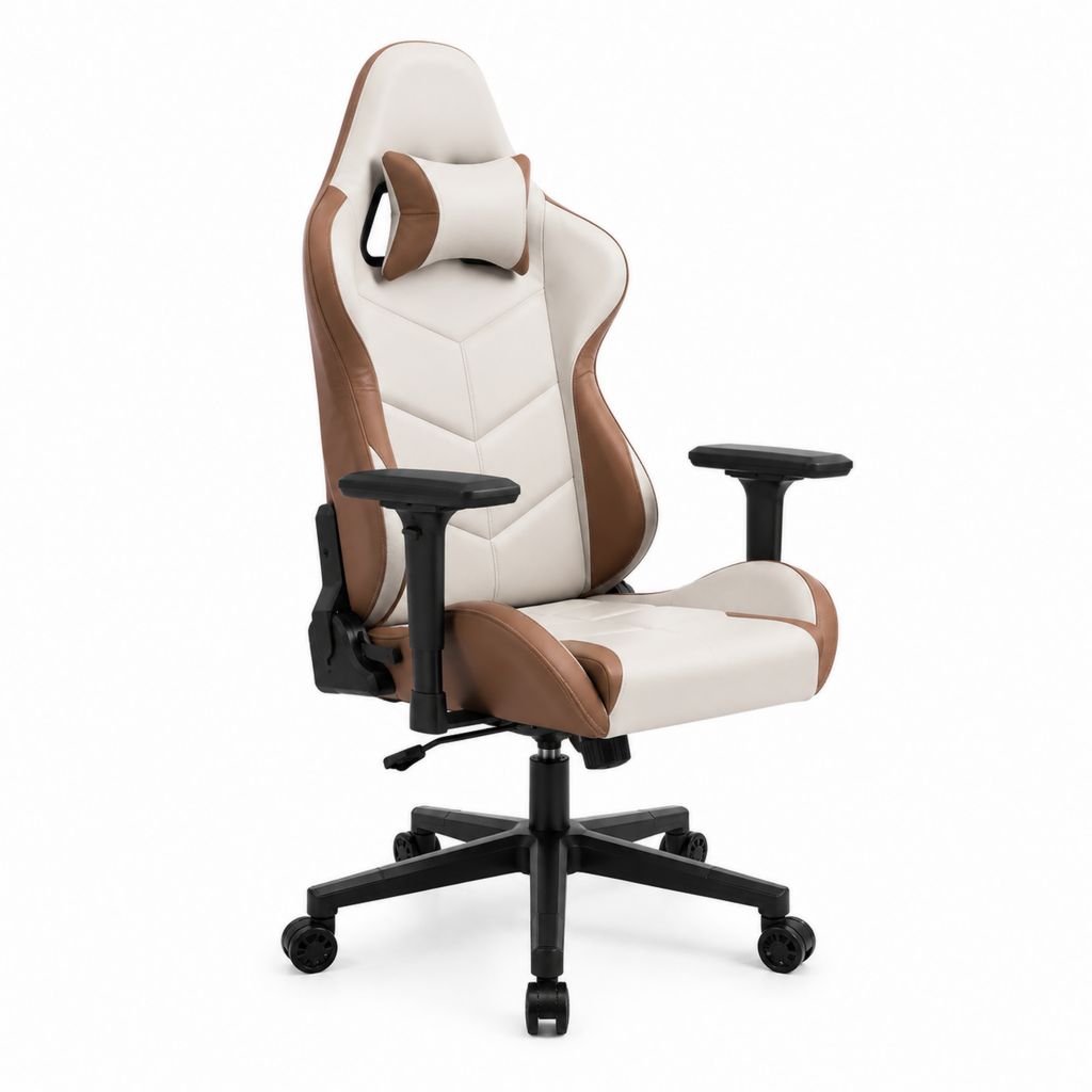 Sedia da gaming ergonomica bianca e marrone in similpelle PU con poggiatesta 66 x 66 x 125-135 cm