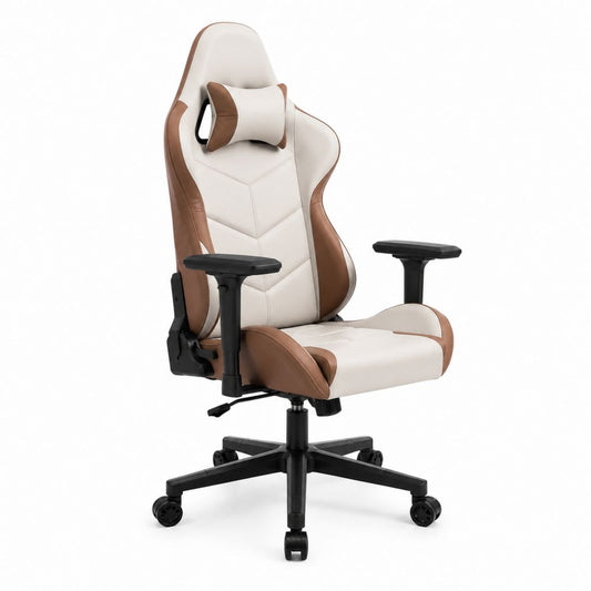 Sedia da gaming ergonomica bianca e marrone in similpelle PU con poggiatesta 66 x 66 x 125-135 cm