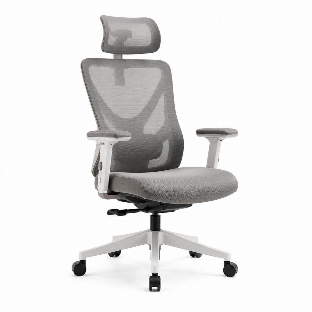 Sedia da ufficio ergonomica grigia in rete di poliestere con poggiatesta braccioli regolabili e base a 5 razze 65 x 65 x 118-128 cm