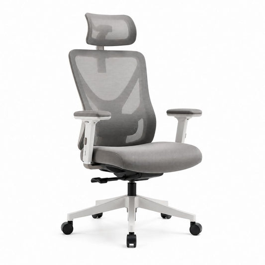Sedia da ufficio ergonomica grigia in rete di poliestere con poggiatesta braccioli regolabili e base a 5 razze 65 x 65 x 118-128 cm